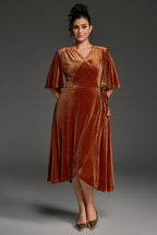Curveins Plus Size Wrap V-Neck Belted Asymmetrical Hem Midi Dress