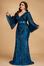 Curveins Plus Size V-Neck Flared Sleeve Shimmer Bodycon Maxi Dress