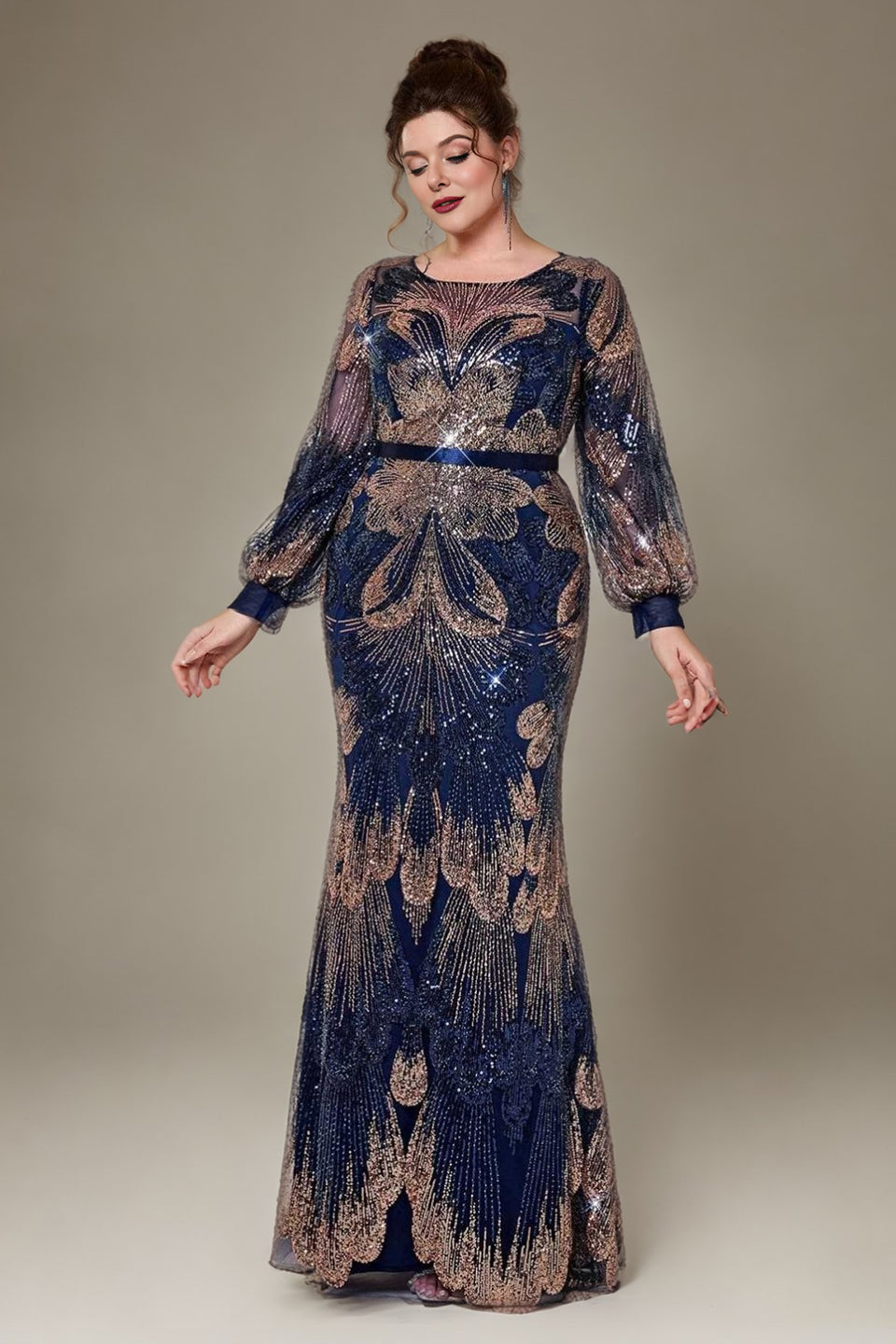 Curveins Plus Size Round Neck Long Sleeve Sequin Fishtail Maxi Dress