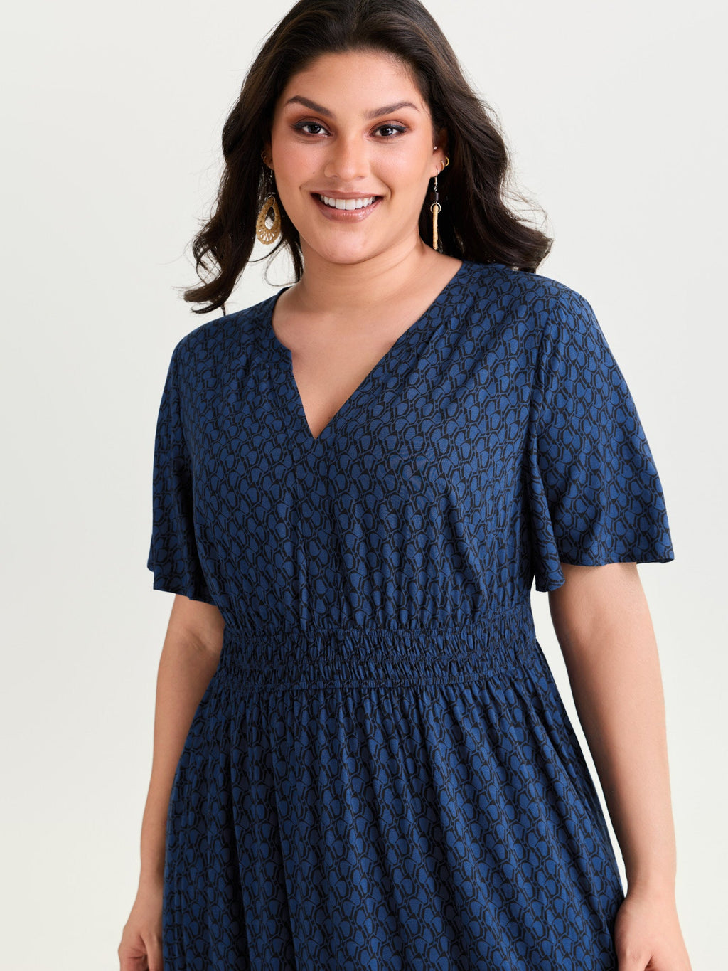 Geometric Print Waist-Cinched Tiered Midi Dress