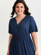 Geometric Print Waist-Cinched Tiered Midi Dress
