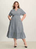 Geometric Print Waist-Cinched Tiered Midi Dress