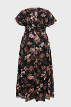 Curveins Plus Size V Neck Batwing Sleeve Floral Print Flowing Maxi Dress