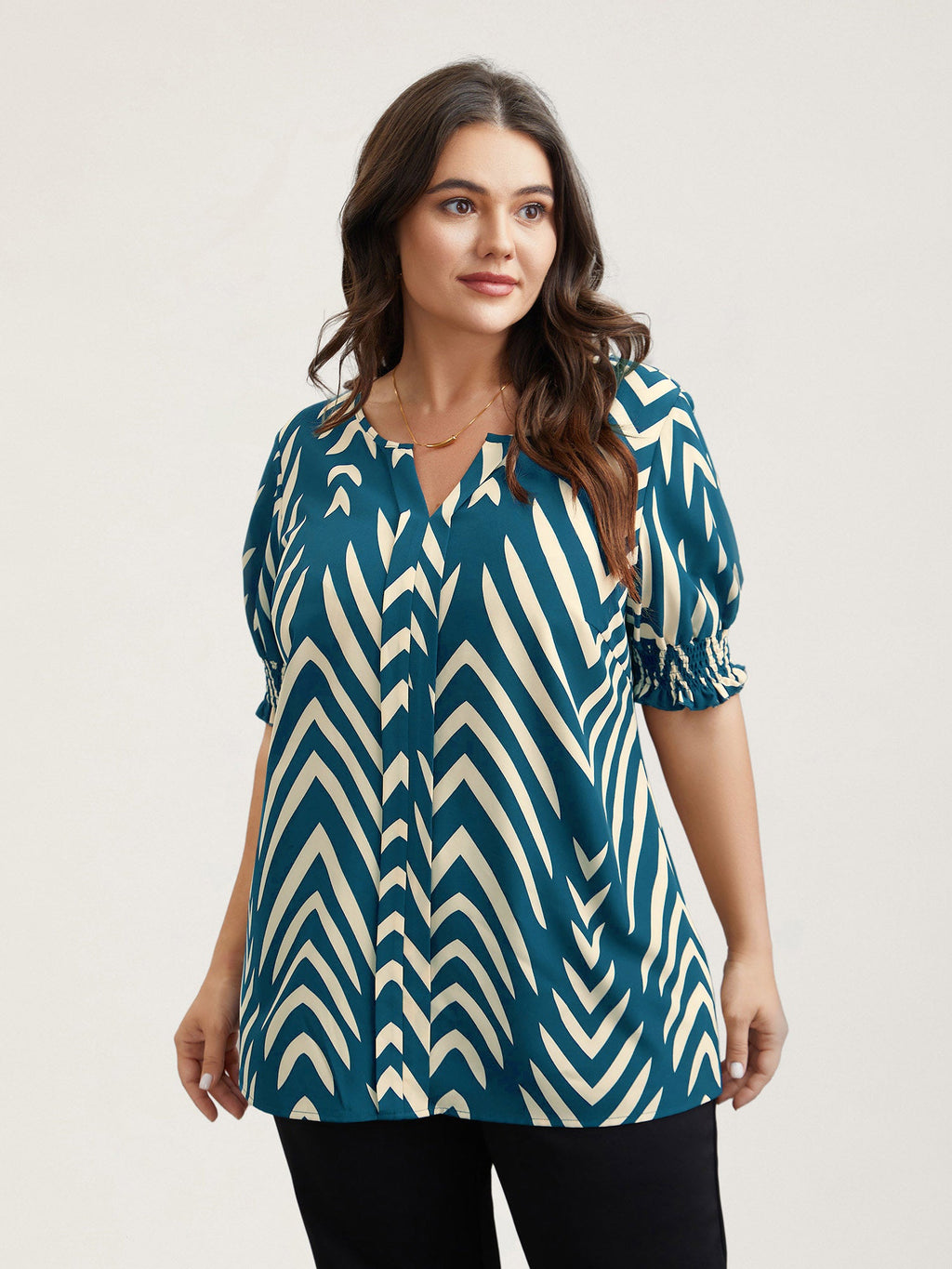Geometric Print Ruffled Shirred Blouse