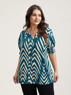 Geometric Print Ruffled Shirred Blouse