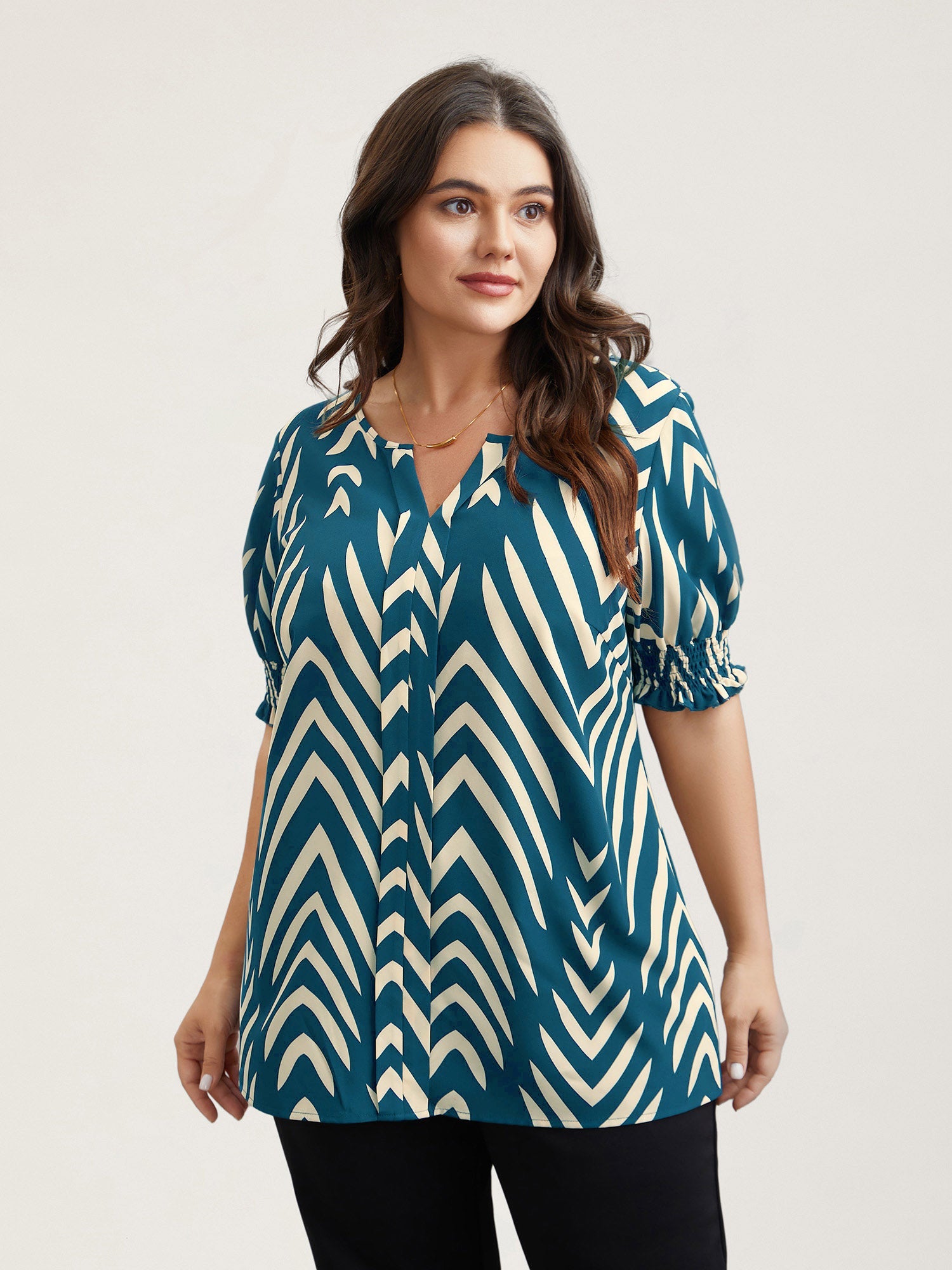 Geometric Print Ruffled Shirred Blouse