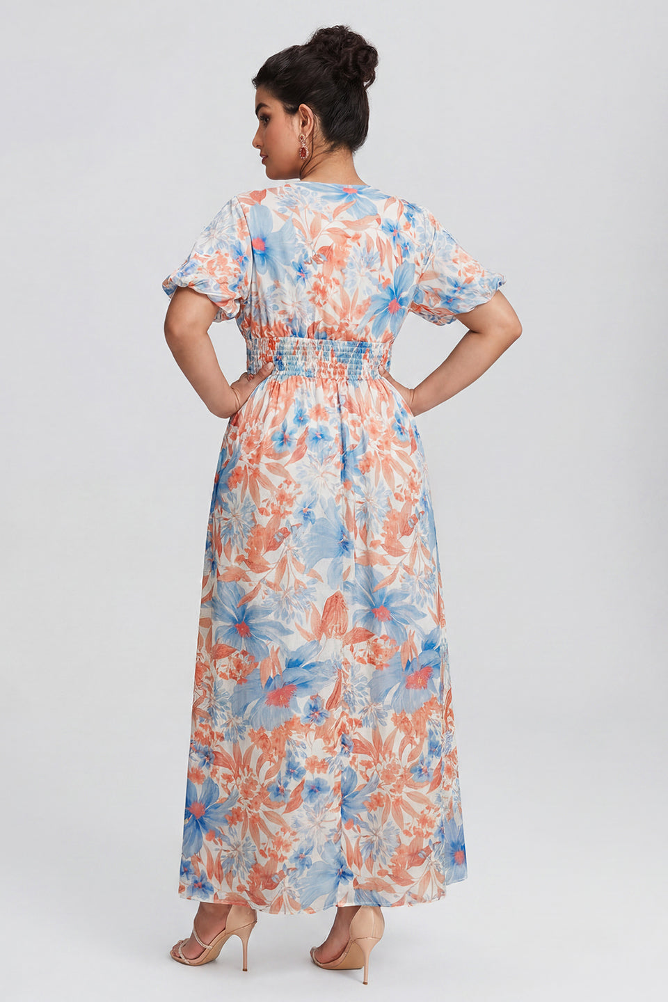 Curveins Plus Size V Neck Puff Sleeve Floral Pattern Elegant Flowing Maxi Dress