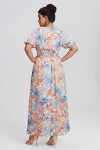 Curveins Plus Size V Neck Puff Sleeve Floral Pattern Elegant Flowing Maxi Dress