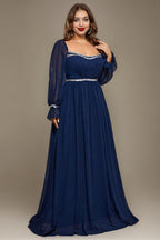 Curveins Plus Size Square Neck Long Sleeve Maxi Dress with Ruched Waist