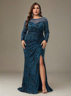 Curveins Plus Size Crew Neck Long Sleeve Floral Sequin Bodycon Slit Maxi Dress