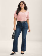 Textured Gathered Sleeve Split Neck Blouse