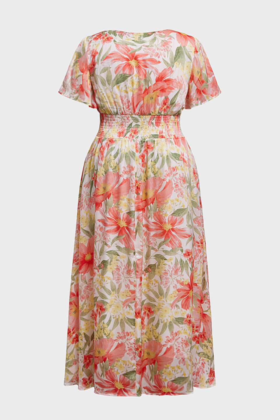 Curveins Plus Size V Neck Batwing Sleeve Cinched Waist Floral Pattern Maxi Dress