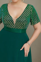 Curveins Plus Size Sequin V-Neck Short Sleeve Maxi Evening Gown
