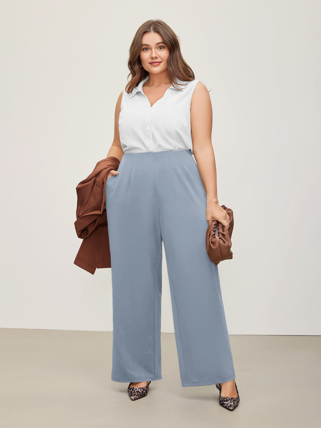 Solid Elastic Waist Pleated Wide Leg Pants