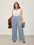 Solid Elastic Waist Pleated Wide Leg Pants