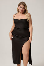 Curveins Plus Size Backless Split Cami Dress with Waist Bow, Elegant Chic Evening Wear