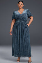 Curveins Plus Size V-Neck Velvet Plain Maxi Dress
