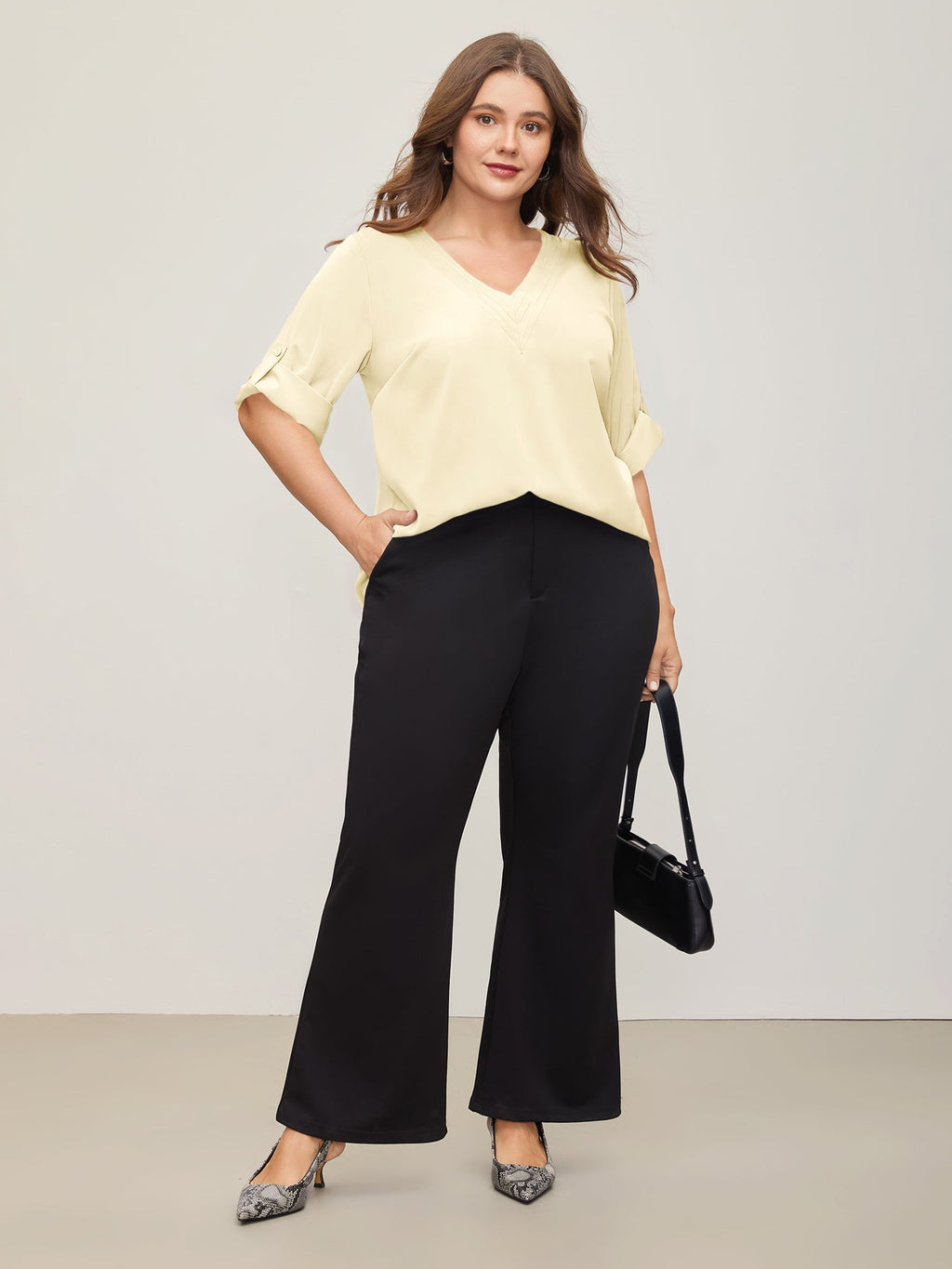 V Neck Plain Pleated Tab Sleeve Blouse