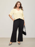 V Neck Plain Pleated Tab Sleeve Blouse