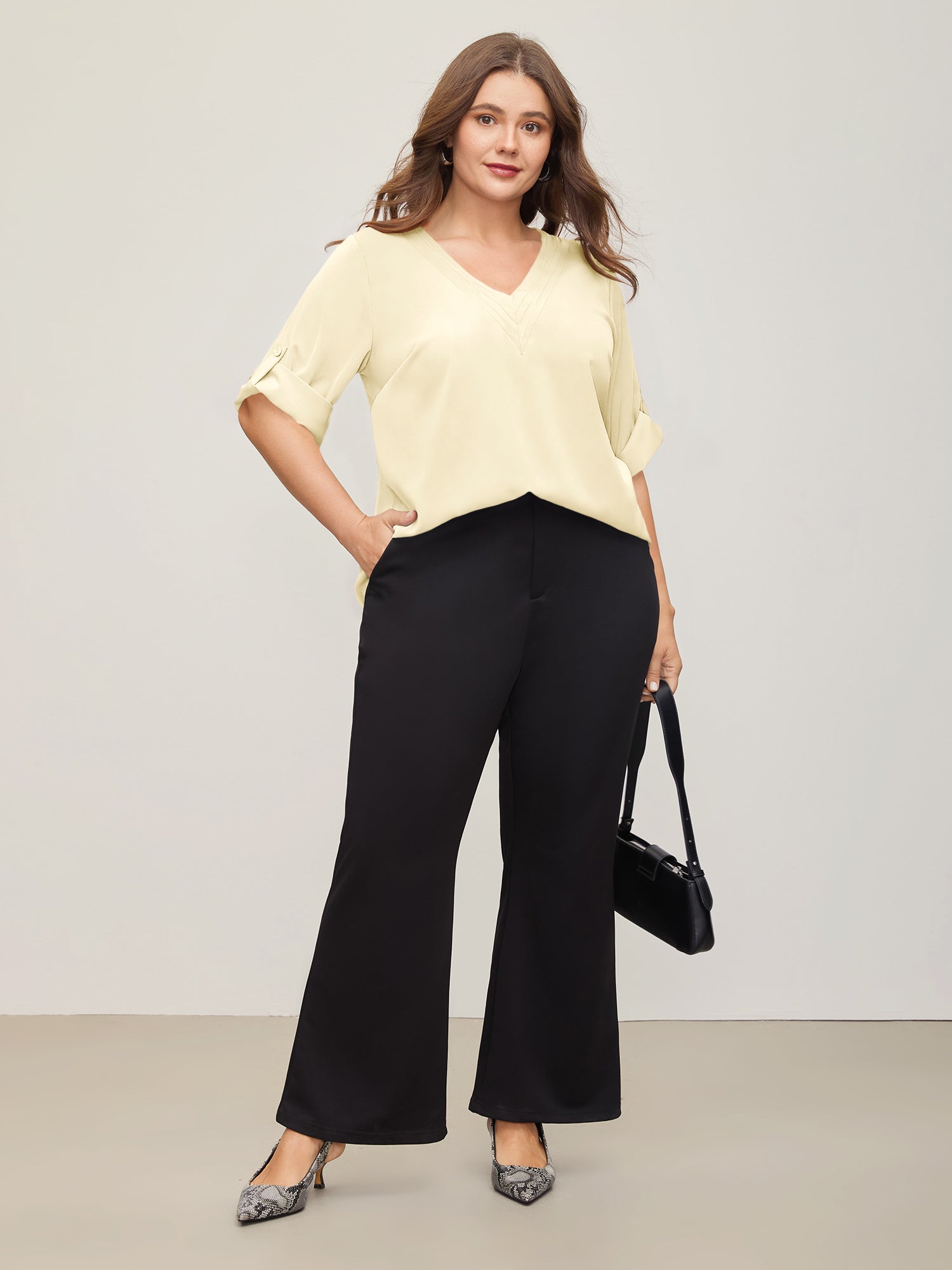V Neck Plain Pleated Tab Sleeve Blouse