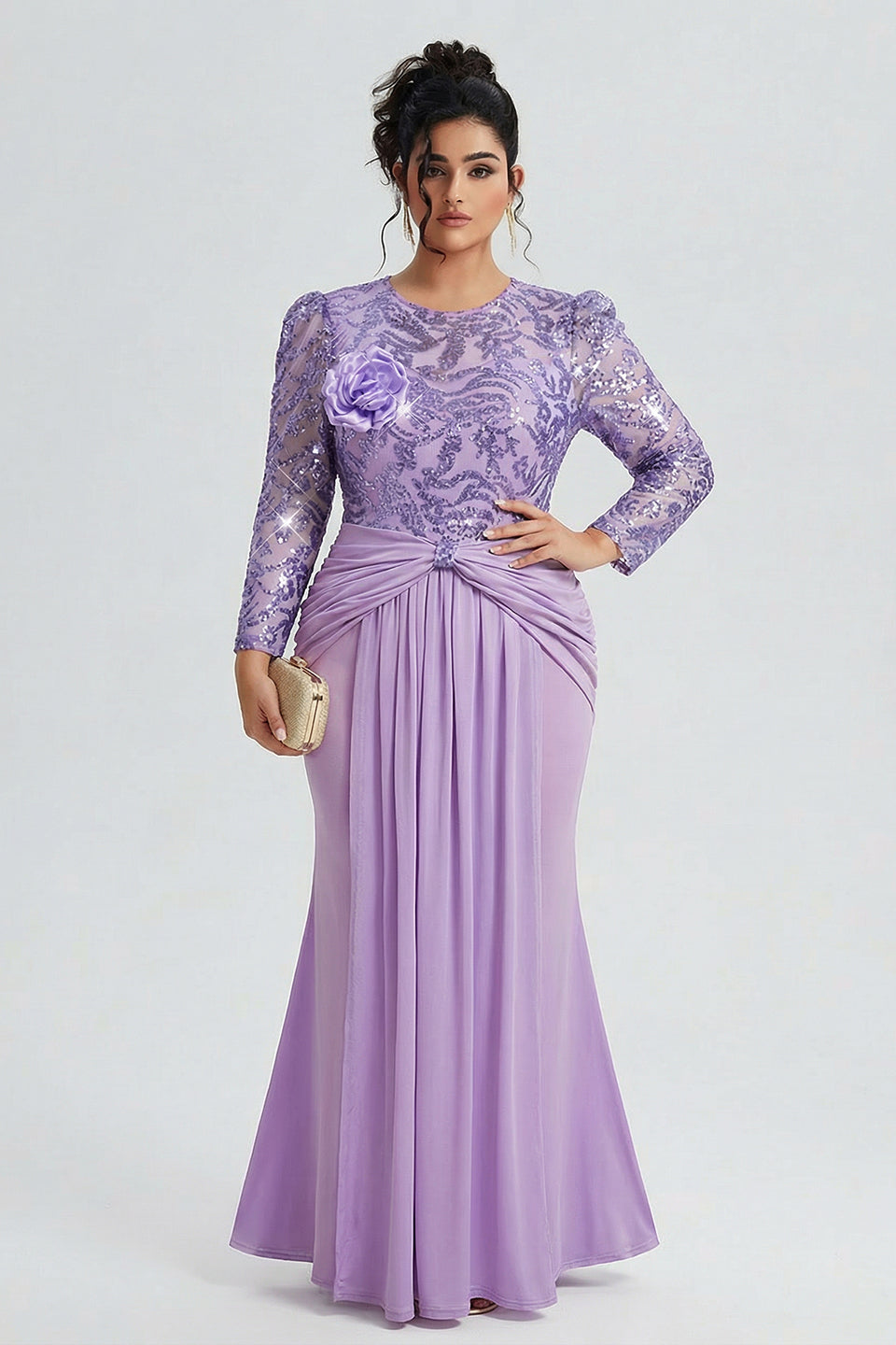 Curveins Plus Size Long Sleeve Lace Patchwork Sequin Maxi Dress with Round Neck