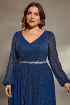 Curveins Plus Size V-Neck Long Sleeve Sequin Maxi Dress with Waist Tie and Side Slit