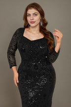 Curveins Plus Size V Neck Long Sleeve Sequin Floral Pattern Elegant Maxi Dress
