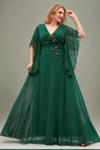 Curveins Plus Size V Neck Batwing Sleeve Chiffon Maxi Dress Elegant Flowing Fit