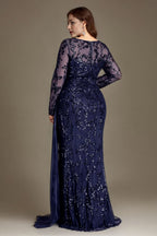 Curveins Plus Size Round Neck Embroidered Tie-Sash Bodycon Maxi Dress