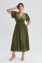 Curveins Plus Size Green Floral Velvet Maxi Dress