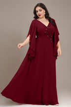 Curveins Plus Size V Neck Batwing Sleeve Chiffon Maxi Dress Elegant Flowing Fit