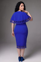 Curveins Plus Size Round Neck Hollow Lace Cape Overlay Bodycon Midi Dress