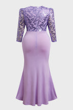 Curveins Plus Size Long Sleeve Lace Patchwork Sequin Maxi Dress with Round Neck