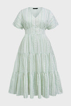 Curveins Plus Size V-Neck Striped Short Sleeve Pleated Maxi Dress