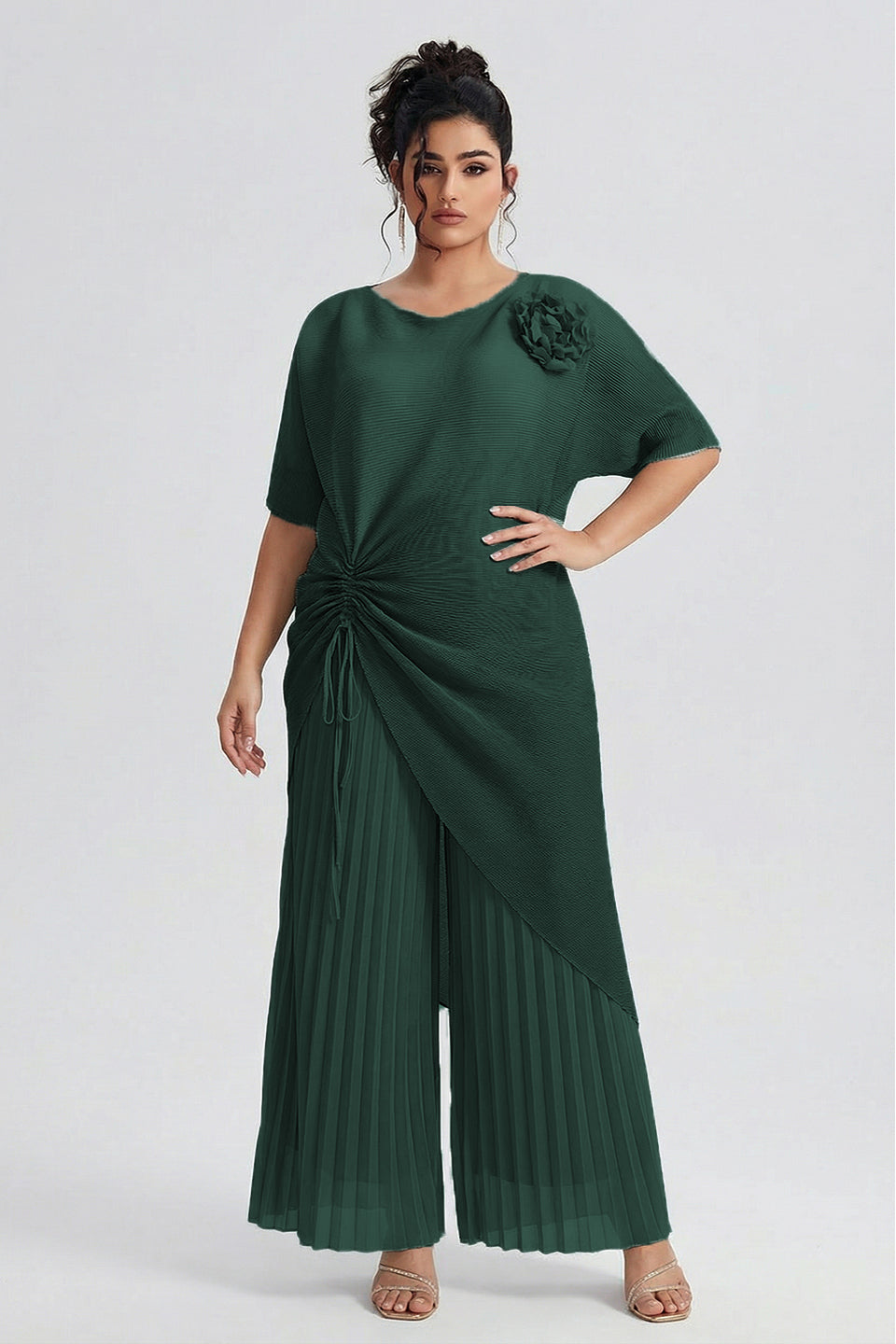 Curveins Plus Size Round Neck Short Sleeve Robe and Wide-Leg Pants Set