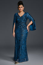 Curveins Plus Size V-Neck Long Sleeves Sequin Floral Bodycon Maxi Dress