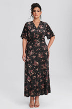 Curveins Plus Size Velvet Surplice Vintage Plain Maxi Dress