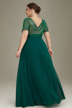 Curveins Plus Size Sequin V-Neck Short Sleeve Maxi Evening Gown