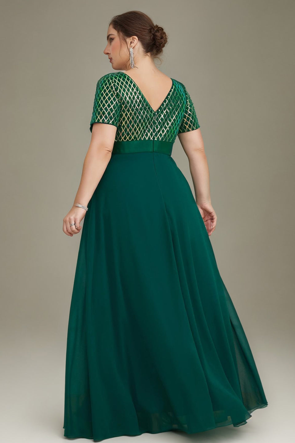 Curveins Plus Size Sequin V-Neck Short Sleeve Maxi Evening Gown