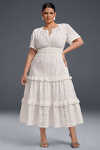 Curveins Plus Size Solid Color Hollow Floral Pattern Ruffle Hem Maxi Dress