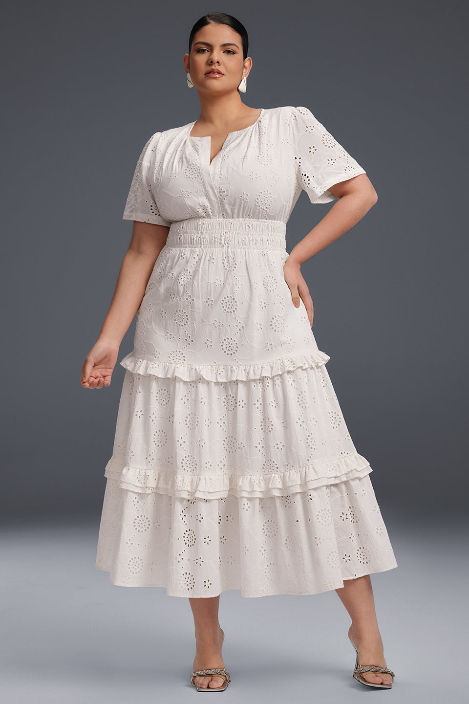 Curveins Plus Size Solid Color Hollow Floral Pattern Ruffle Hem Maxi Dress