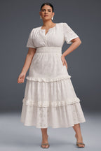 Curveins Plus Size Solid Color Hollow Floral Pattern Ruffle Hem Maxi Dress