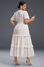 Curveins Plus Size Solid Color Hollow Floral Pattern Ruffle Hem Maxi Dress