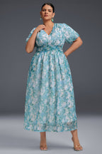 Curveins Plus Size V-Neck Floral Elegant Wedding Guest Maxi Dress