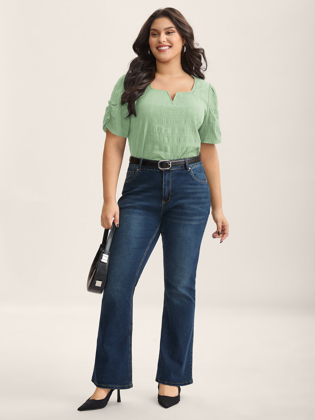 Textured Gathered Sleeve Split Neck Blouse