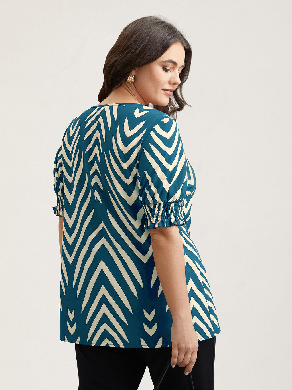 Geometric Print Ruffled Shirred Blouse