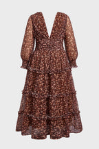 Curveins Plus Size V Neck Long Sleeve Floral Tiered Maxi Dress