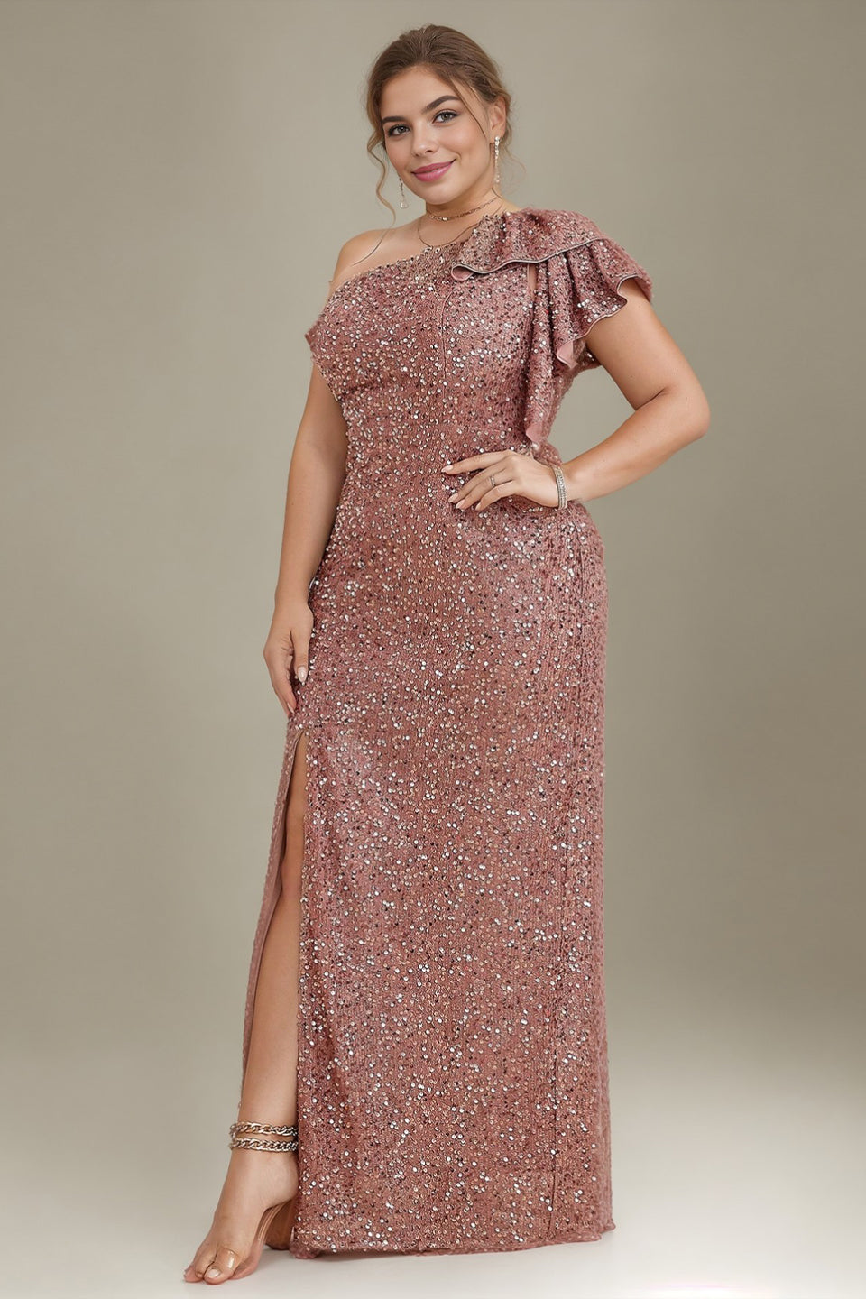 Curveins Plus Size  Sequin One Shoulder Formal Dress