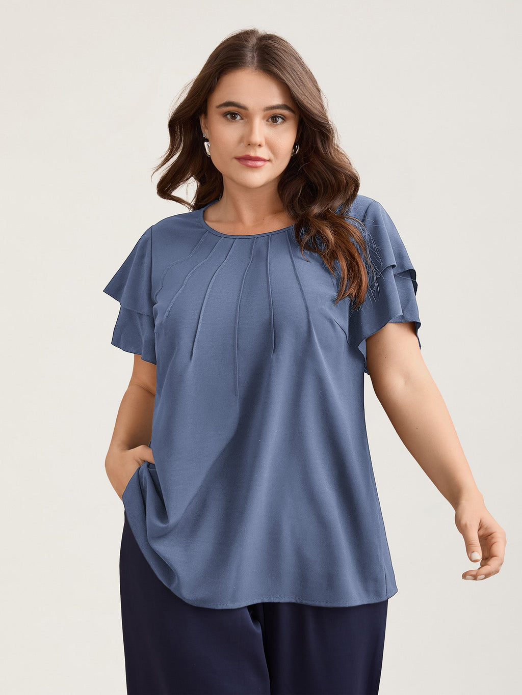 Toothpick Pleat Layered Flutter Sleeve Blouse