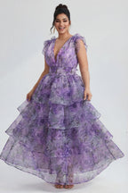 Curveins Plus Size V-Neck Sleeveless Floral Tiered Maxi Dress with Decorative Shoulder Detail